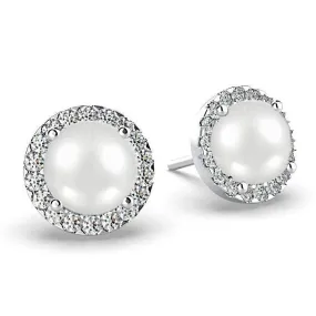 Diamond Pearl Halo Stud Earrings 18K White Gold