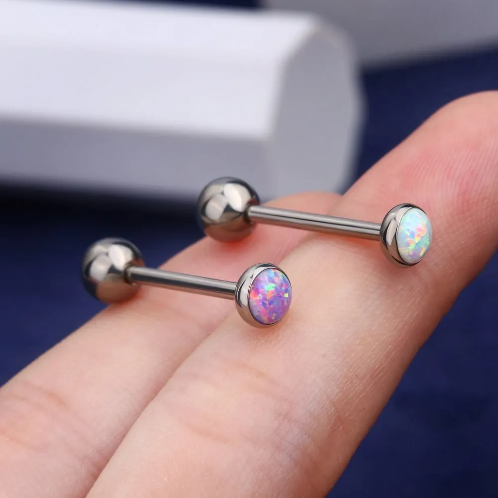 14G Titanium Flat Opal Top Tongue Piercing Ring