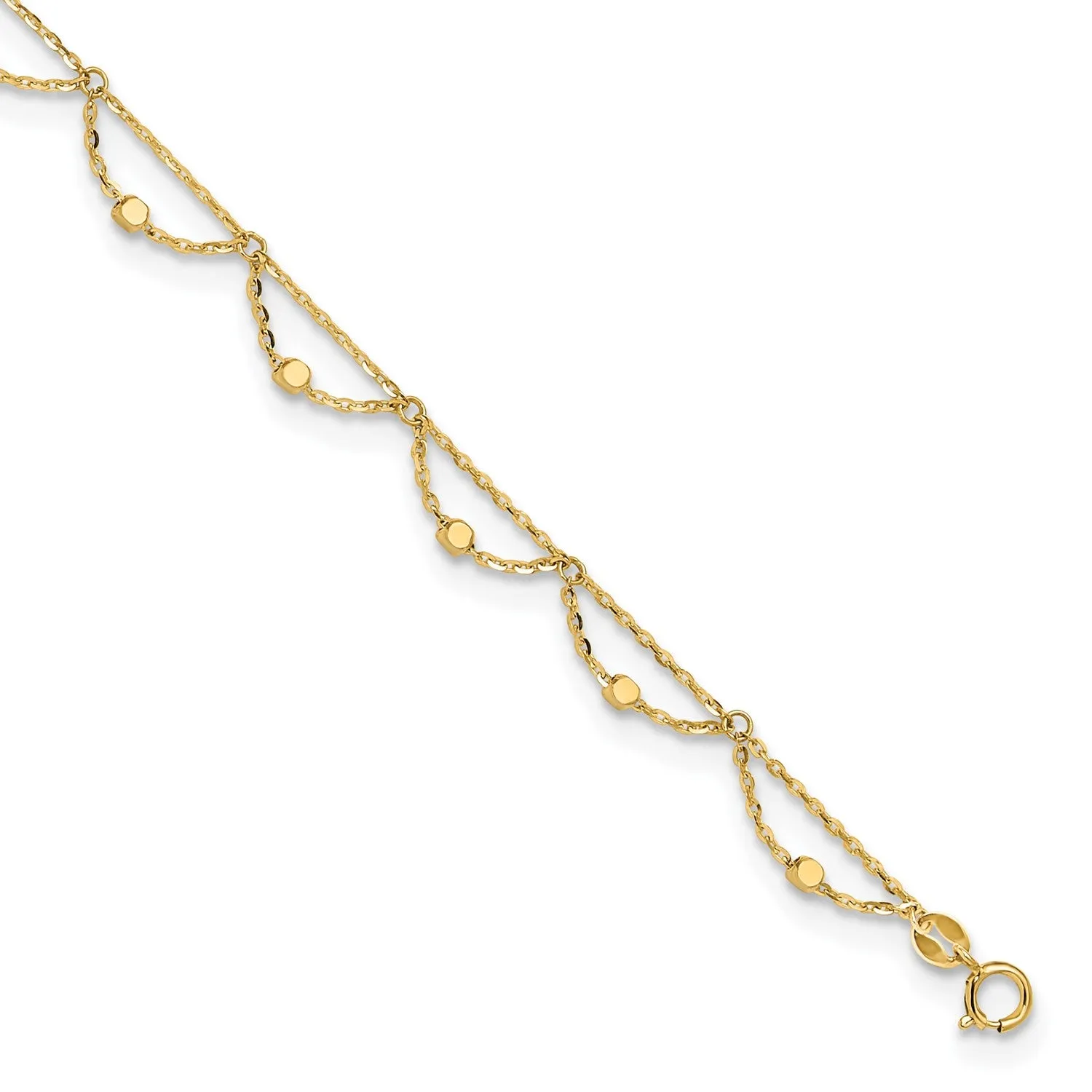 14k Real Yellow Gold High Polished and Diamond-cut Fancy Anklet, 10" Adjustable to 11.5"