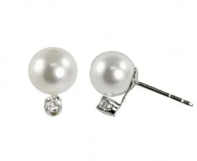 14K White Gold 7mm Cultured Akoya Pearl and Diamond Stud Earrings