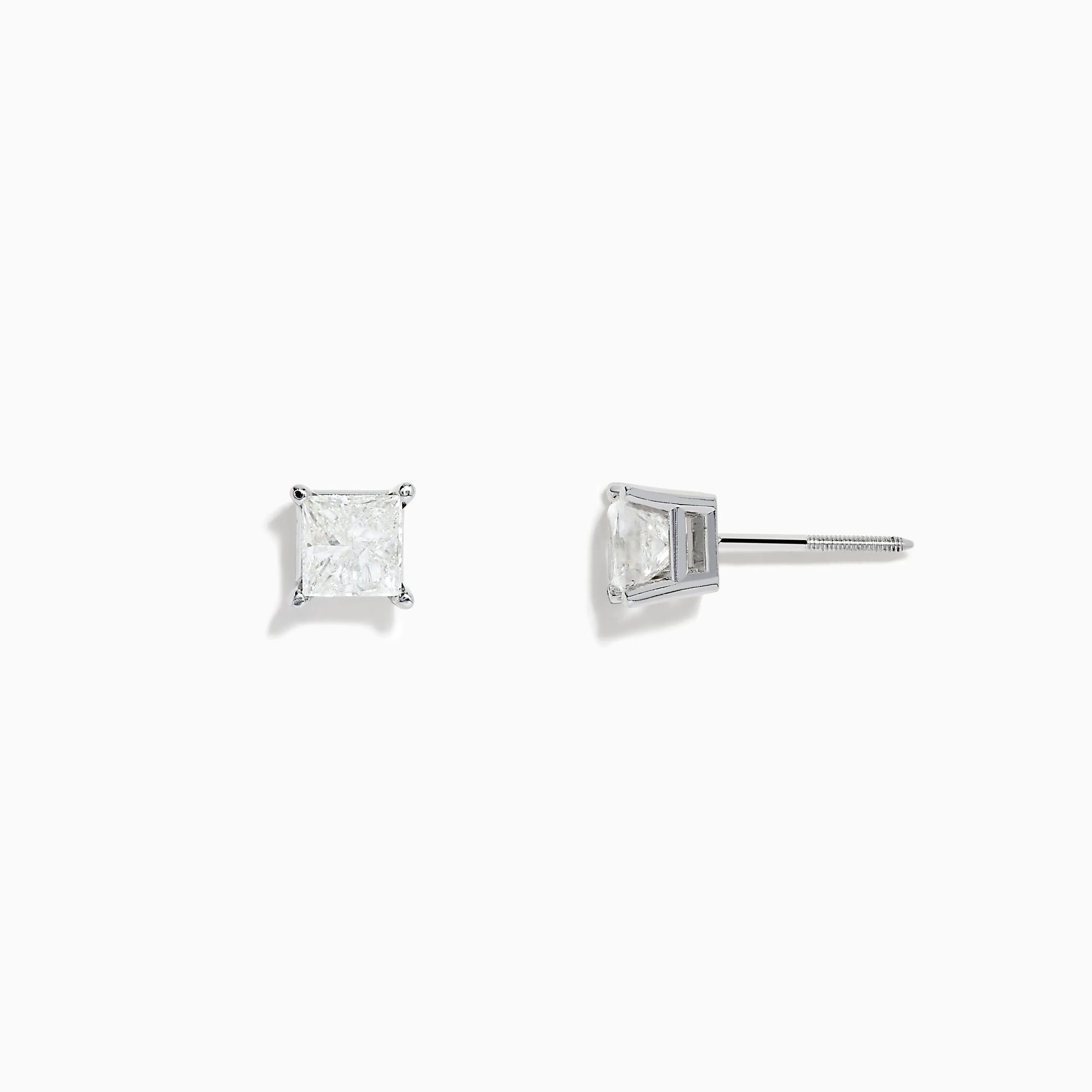 14K White Gold Princess Cut Diamond Solitaire Stud Earrings, 0.98 TCW