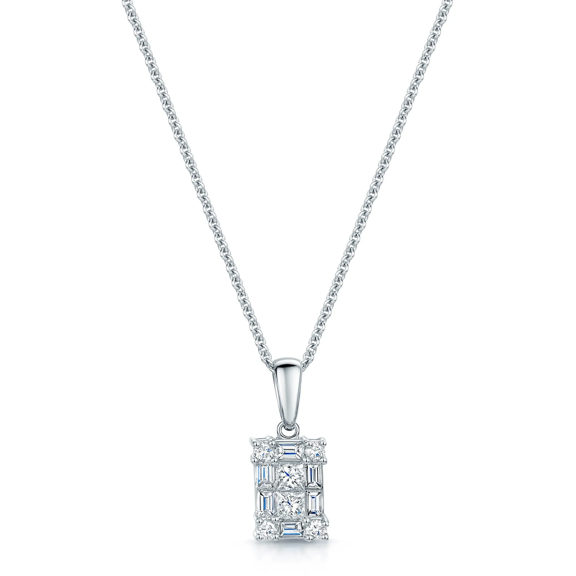 18ct White Gold Baguette, Princess & Round Brilliant Diamond Set Rectangular Pendant