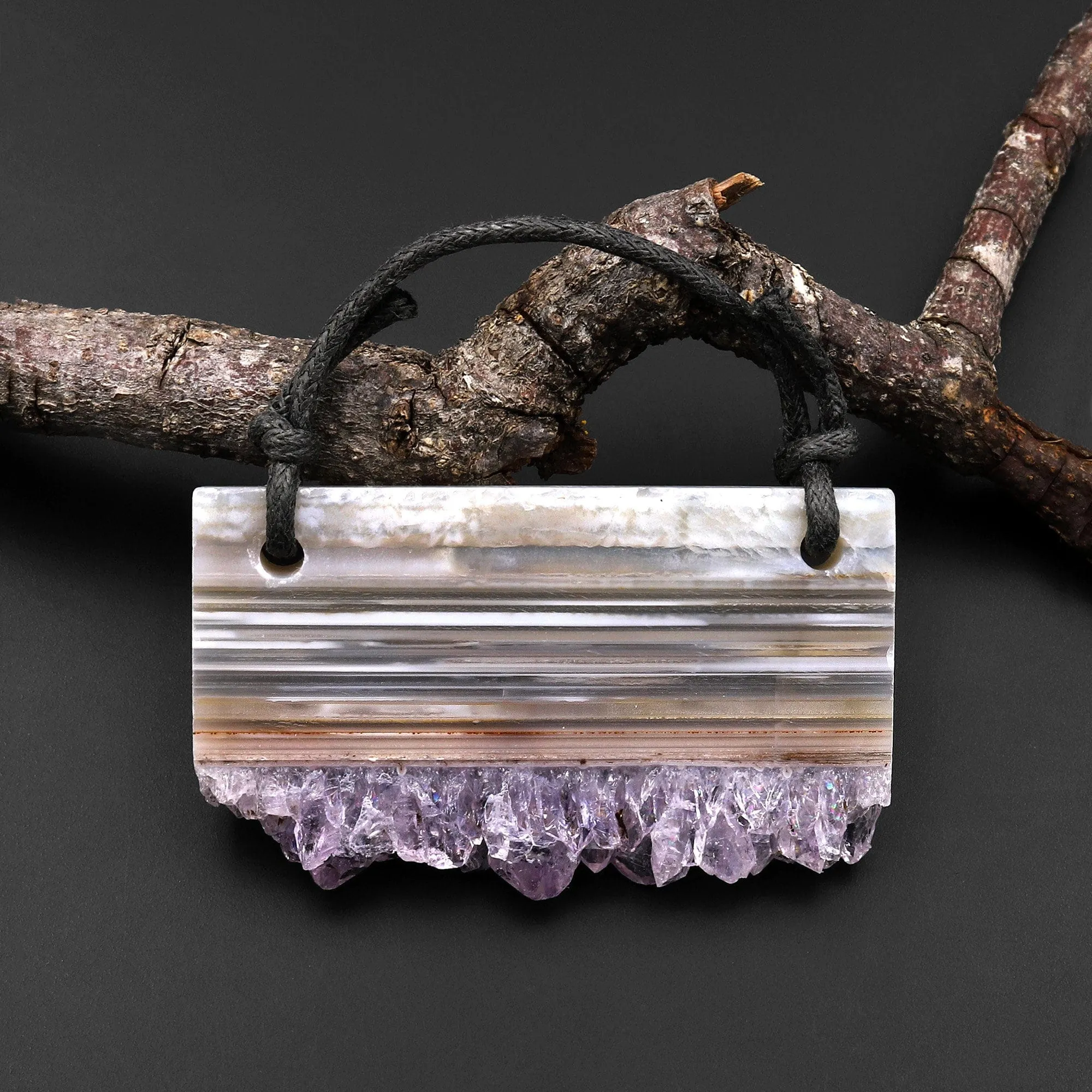 2 Hole Pendant Natural Orange Purple Amethyst Stalactite Druzy Pendant Drilled Flat Slice Long Rectangle A1