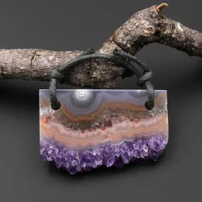 2 Hole Pendant Natural Peach Orange Purple Amethyst Stalactite Druzy Pendant Drilled Flat Slice Long Rectangle