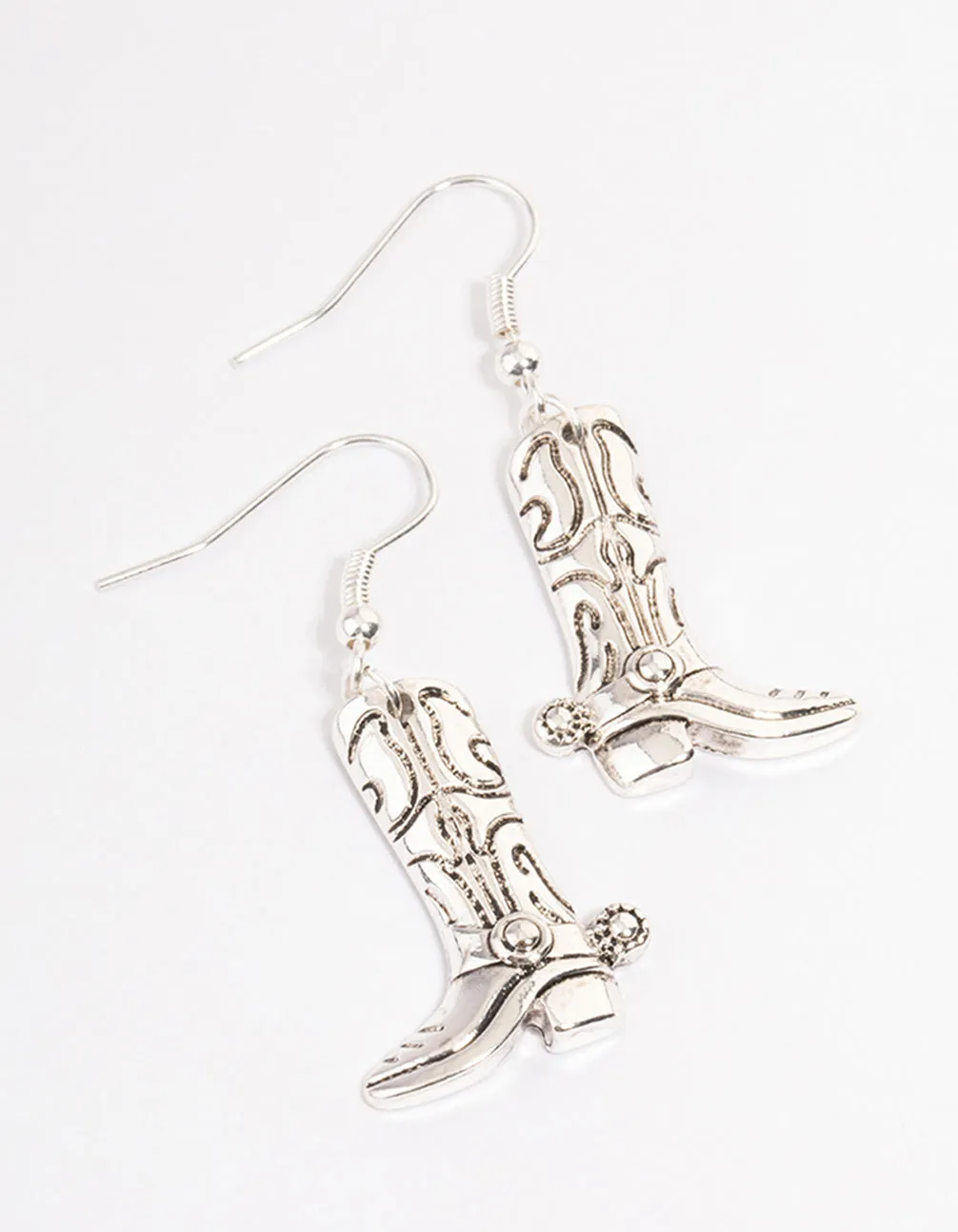 Antique Silver Western Boots Drop Earrings