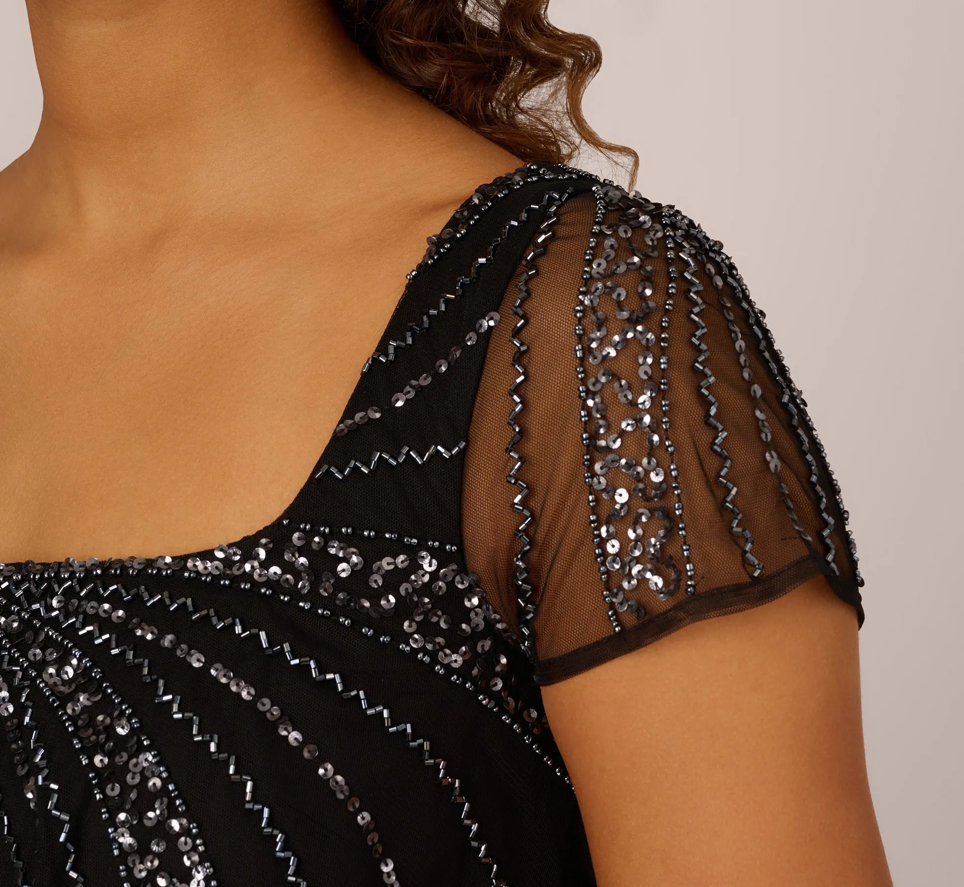 Beaded Popover Dress With Sheer Cap Sleeves In Black Gunmetal