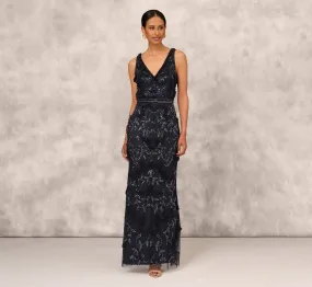 Beaded Ruffle Sleeveless Gown With V-Neck And Back In Twilight