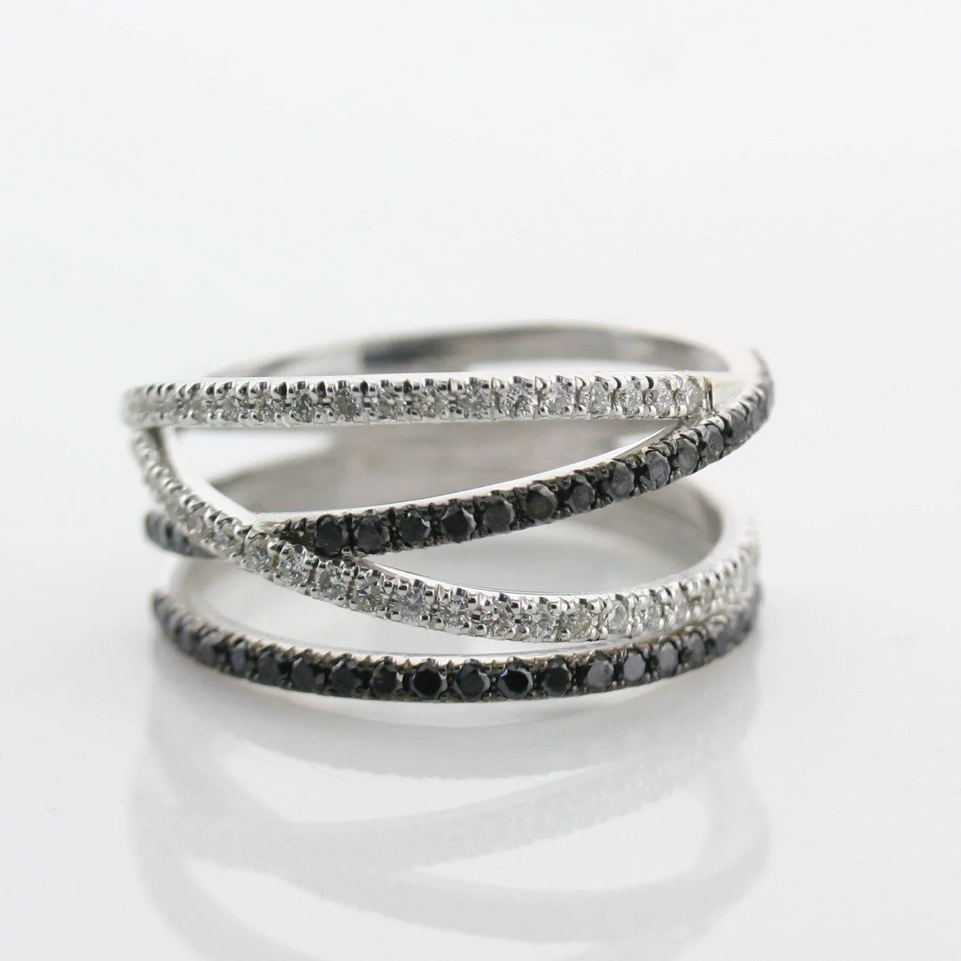 Black and White Diamonds Wide Ring 14K White Gold Crisscross Band