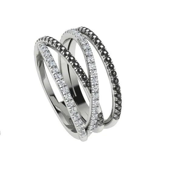 Black and White Diamonds Wide Ring 14K White Gold Crisscross Band