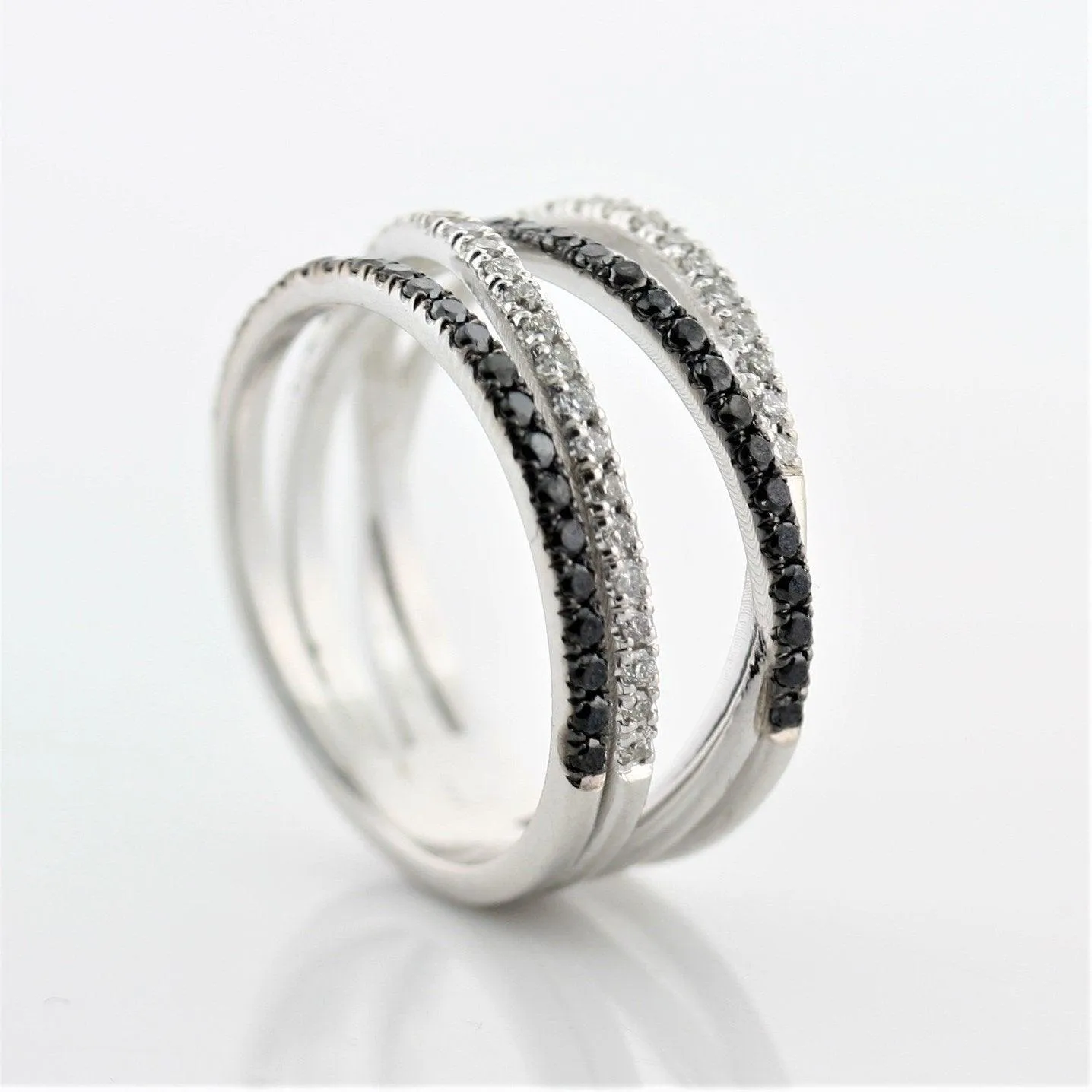 Black and White Diamonds Wide Ring 14K White Gold Crisscross Band