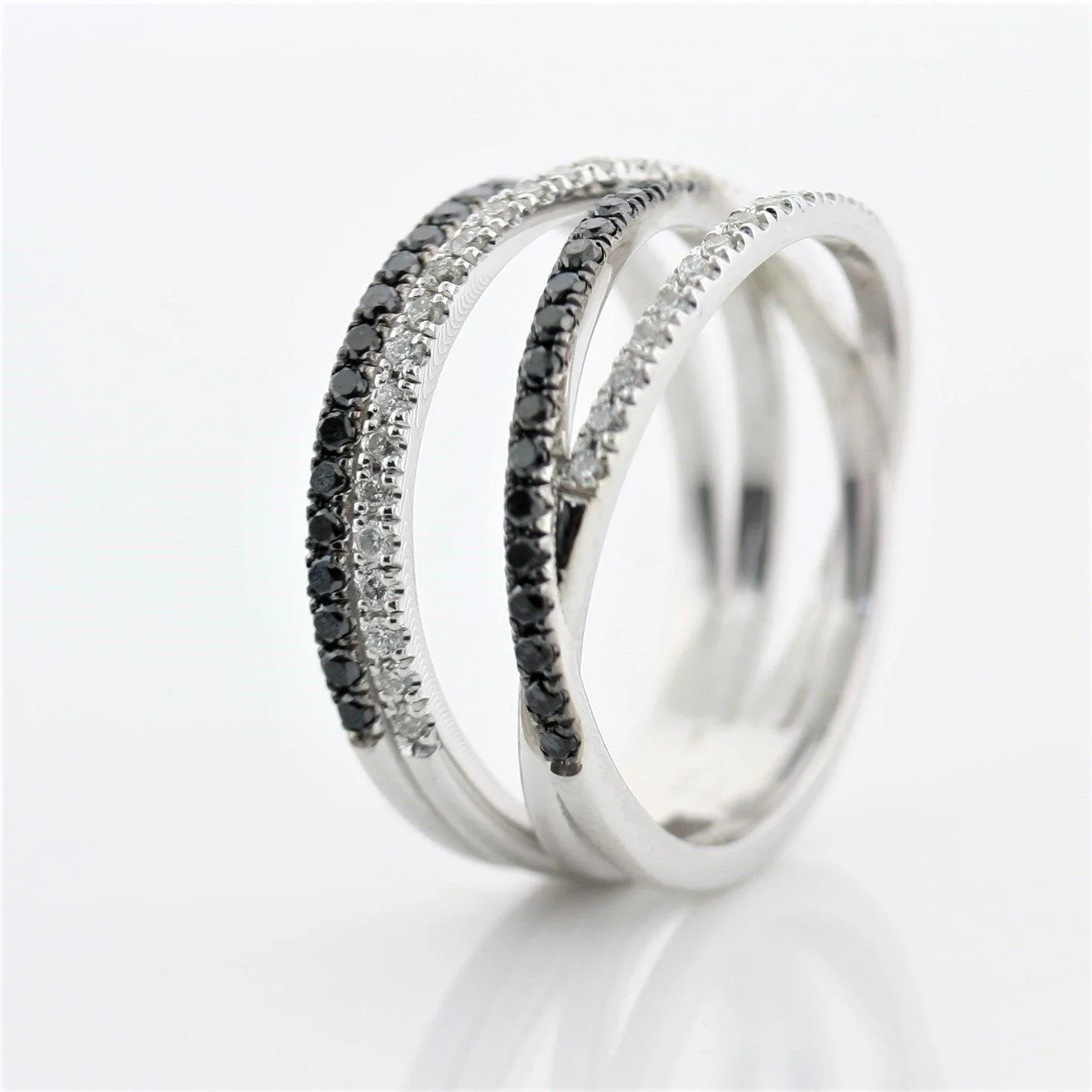 Black and White Diamonds Wide Ring 14K White Gold Crisscross Band