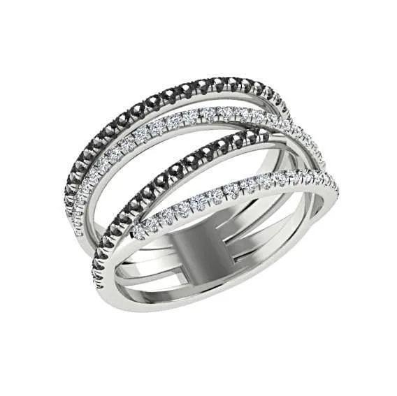 Black and White Diamonds Wide Ring 14K White Gold Crisscross Band