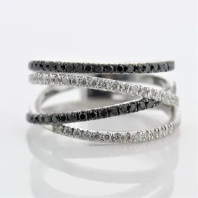 Black and White Diamonds Wide Ring 14K White Gold Crisscross Band