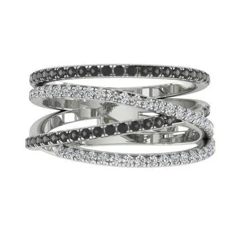 Black and White Diamonds Wide Ring 14K White Gold Crisscross Band