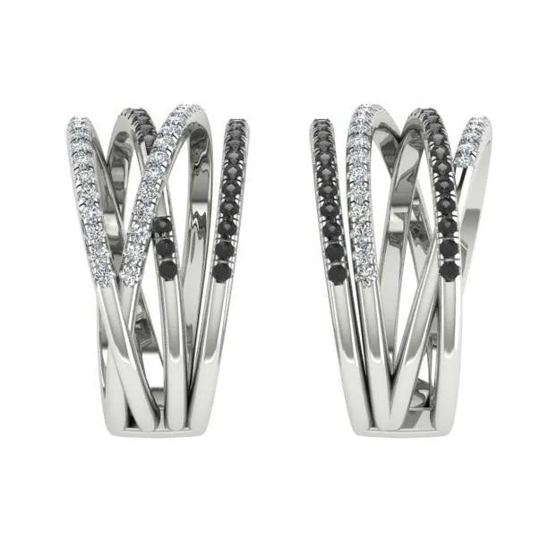 Black and White Diamonds Wide Ring 14K White Gold Crisscross Band