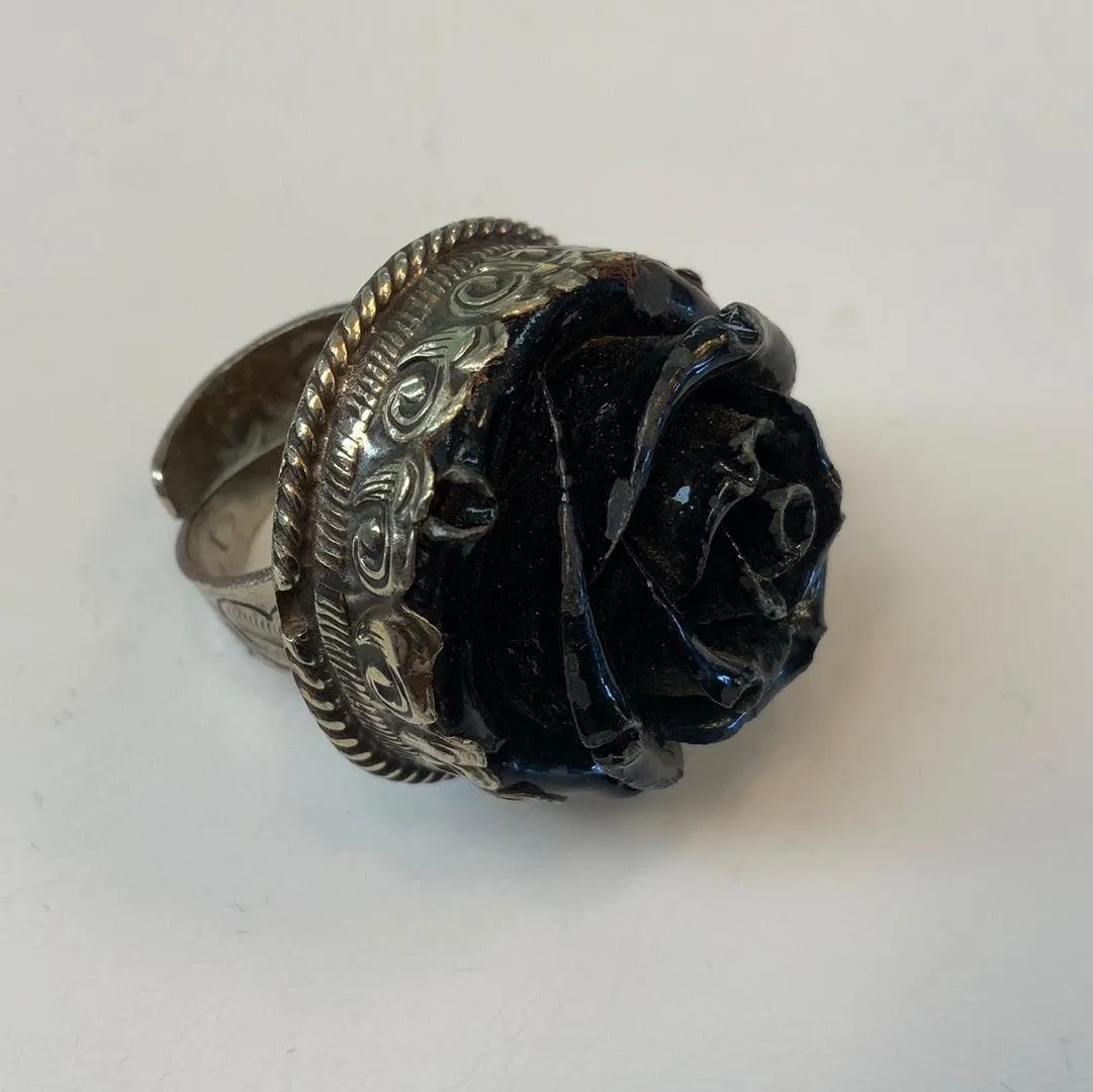 Black Rose and Silver Adjustable Ornate Ring