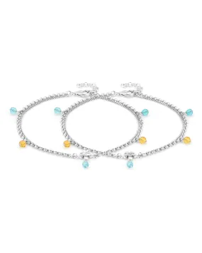 Carlton London -Set Of 2 Rhodium-Plated Silver Toned Yellow & Blue Beaded Layered Anklets For Women