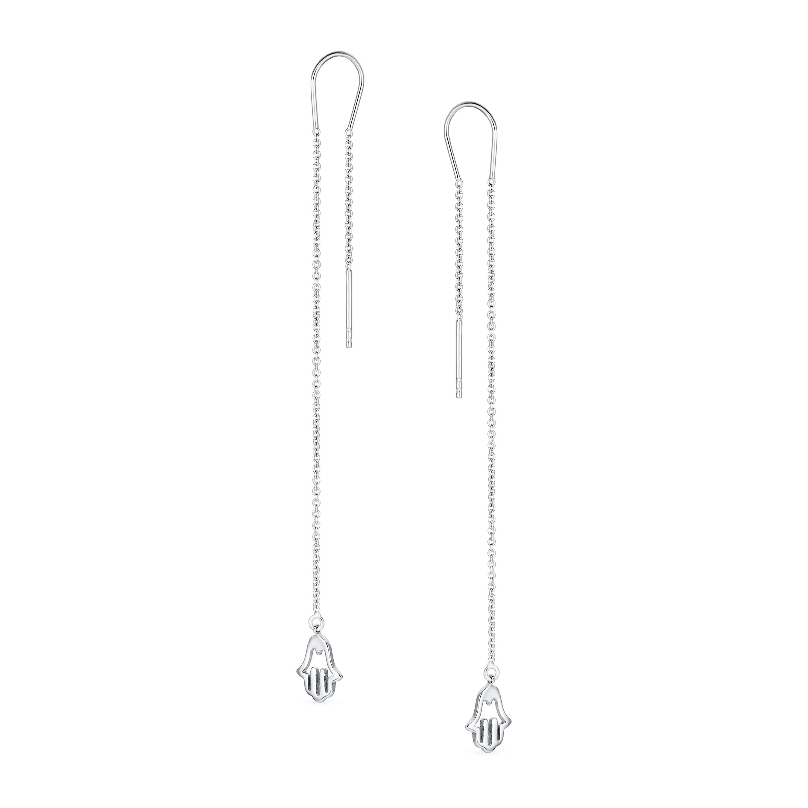 Hamsa Hand Symbol Spiritual Chain Threader Earrings Sterling Silver