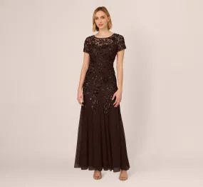 Hand Beaded Short Sleeve Floral Godet Gown In Chocolate