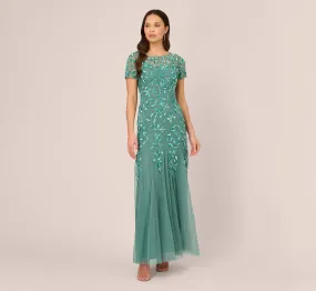 Hand Beaded Short Sleeve Floral Godet Gown In Green Slate