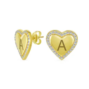 Letter A-Z Alphabet Initials Pave CZ Halo Heart Shaped Stud Earrings