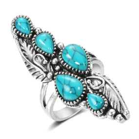 Long Turquoise Silver Ring Feathers And Stones Gypsy Stacking Rings Tribal Boho Southwestern Indian Sizes 7 8 9 10 Or 11