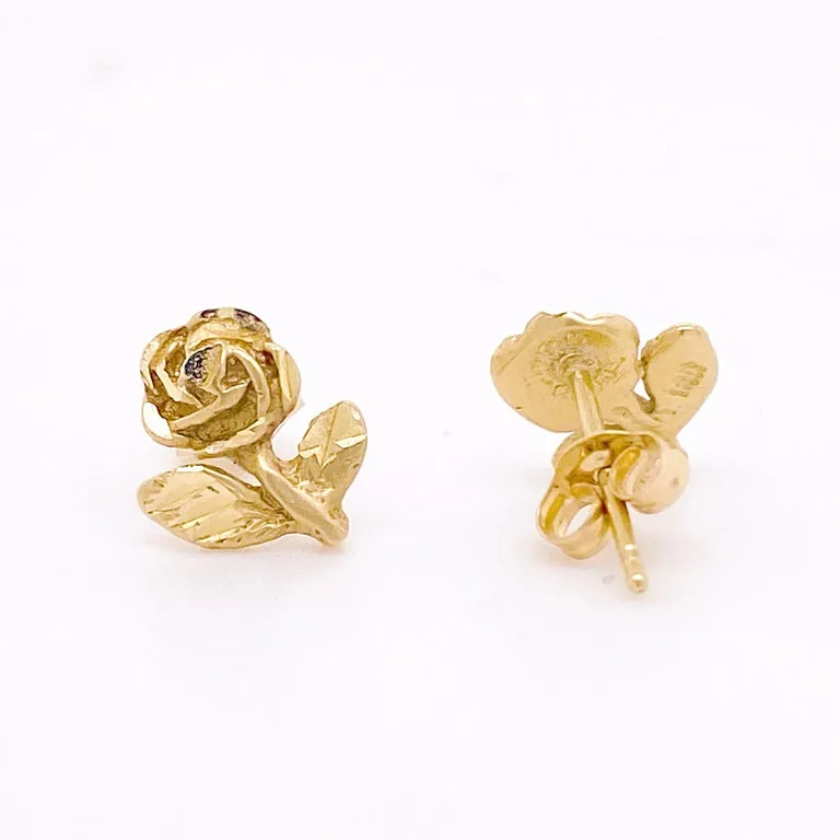 Rose Stud Earrings, Yellow Gold, Detailed Rose Flower Stud