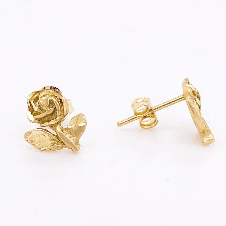 Rose Stud Earrings, Yellow Gold, Detailed Rose Flower Stud