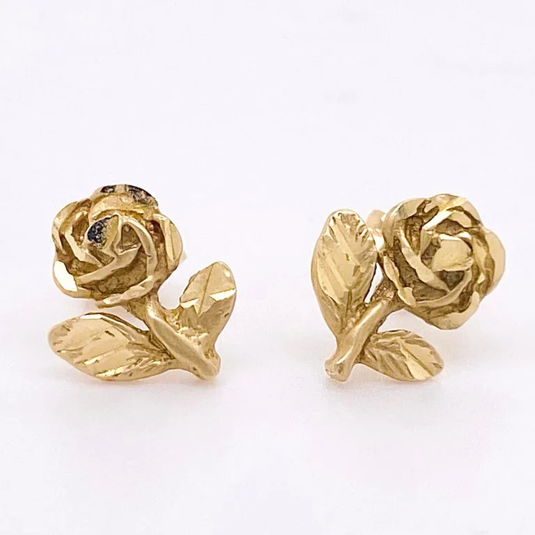 Rose Stud Earrings, Yellow Gold, Detailed Rose Flower Stud