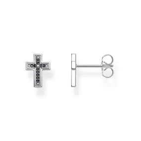 STERLING SILVER BLACK CZ CROSS STUD EARRINGS